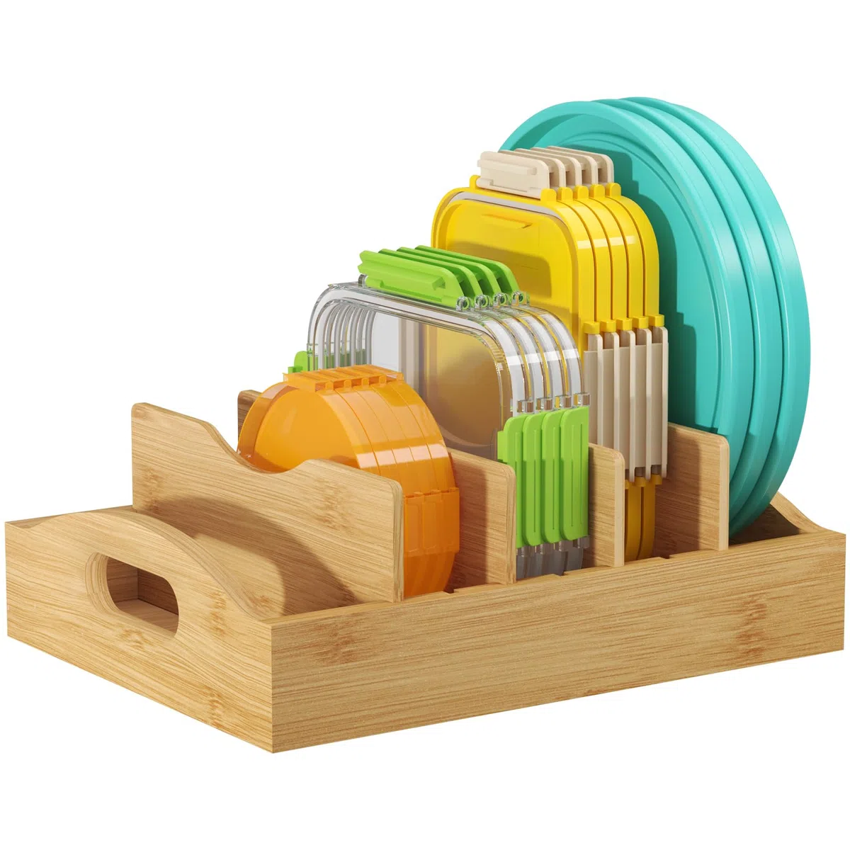 Lifewit Organizador Tapas de Bambú, Salvaspazio Organizadors Platos Armario Cocina con con 4 Divisores Ajustables, Soporte para Tapas de Recipientes de Almacenamiento de Alimentos, 27 x 21 cm