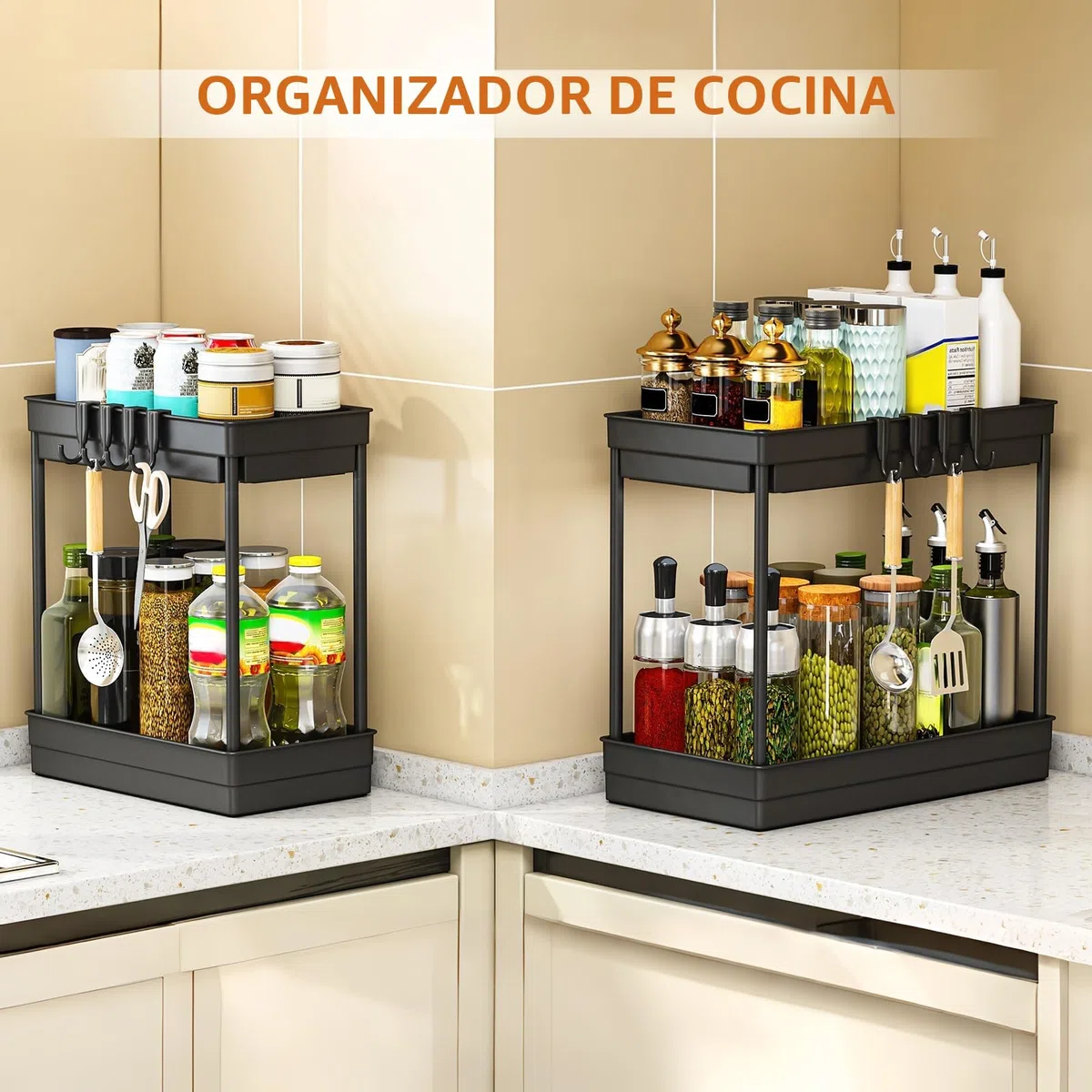 TidyTrove 2 Paquete Organizador Bajo Fregadero - Organizador Cocina 2 Niveles para Debajo del Fregadero,Organizador Baño con 8 Ganchos,Negro