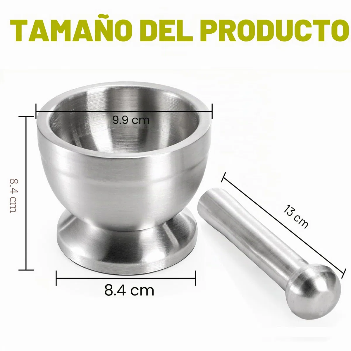 Bekith Juego de mortero y mortero de acero inoxidable cepillado 18/8 molinillo de especias triturador de píldoras Molcajete tazón de hierbas