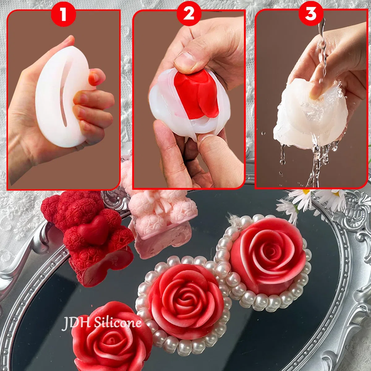 Molde de Silicona 3D para Velas - 3 Piezas con Forma de Flor y Rosas - Juego para el Día de la Madre, San Valentín y Fiestas de Cumpleaños