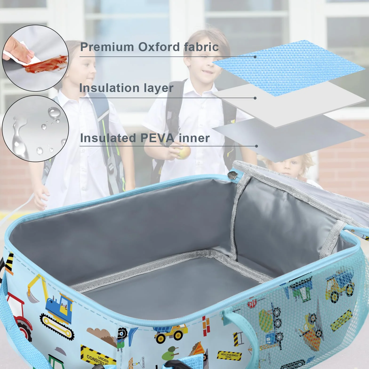Clastyle Bolsa Termica Porta Alimentos Infantil Coche Bolsa Almuerzo Bebe Pequeña Portátil Bolsa Comida Niños para Escolar Picnic, Construcción Azul