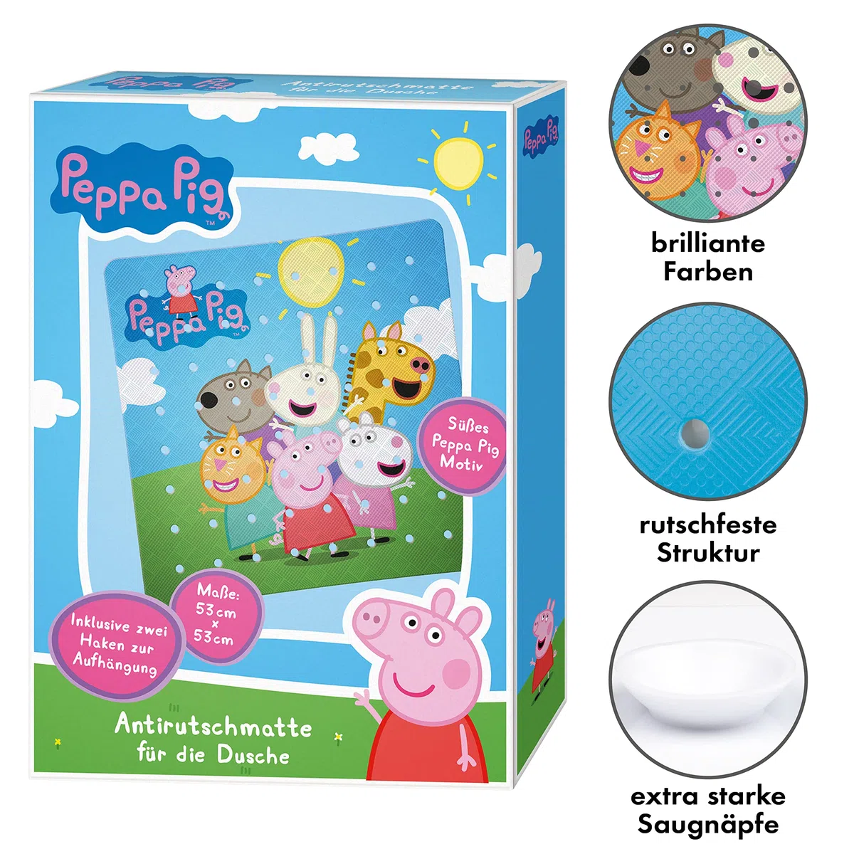 Alfombrilla de ducha infantil con diseño de Peppa Pig I 53 x 53 cm I Alfombrilla antideslizante para ducha I Antimoho Alfombrilla de baño antibacteriana con ventosas I Alfombrilla antideslizante de