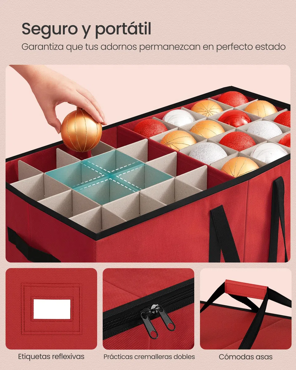 SONGMICS Caja Almacenaje de Adornos Navideños, 7,6 cm 128 Ranuras, Caja Apilable para Adornos Navideños con Tapa, Cremallera Doble, Separadores Ajustables, Tela no Tejida, Rojo Cereza RFB039R01