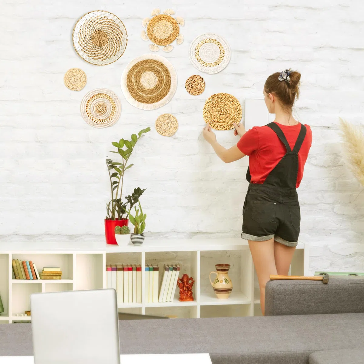 Juego de 9 cestas de pared bohemias, decoración de cesta tejida para pared, decoración de pared de mimbre de mimbre de hierba marina, arte de pared redondo ecológico para casa de campo, dormitorio