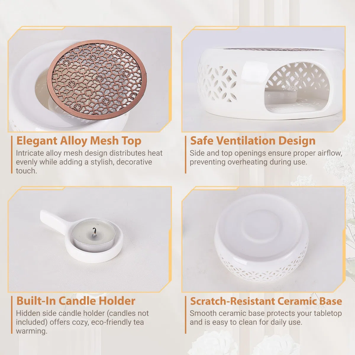 Calientaplato Calentador de Tetera de Cerámica, Blanca Calentador en Porcelana con Portavelas, Diseño Tallado Hueco, Calentador de Té para Mantener Té Café Leche