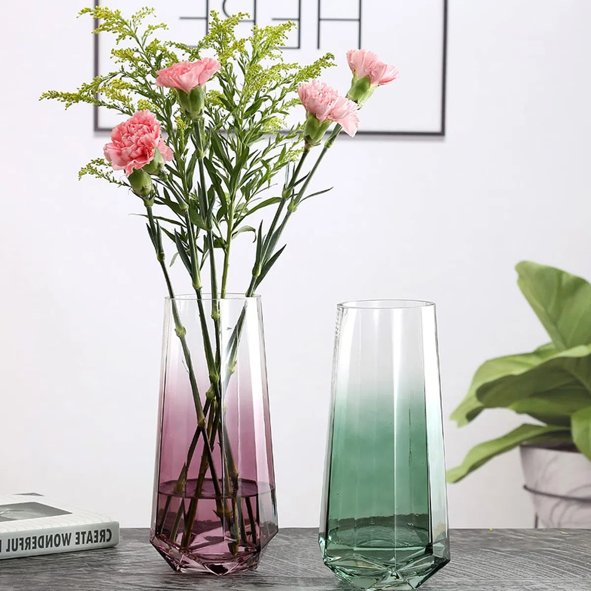 Florero Cristal Transparente, 25 cm Jarrón Moderno de Vidrio, Botella Redonda para Fiestas, Patio, Oficina, Hogar y Cocina (Verde)
