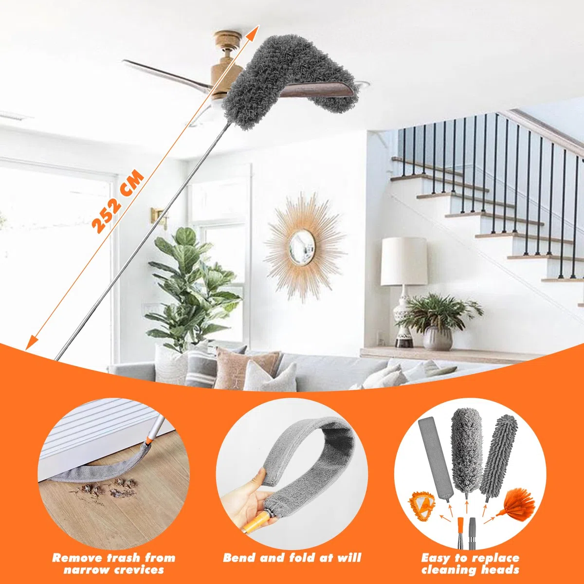 GIBOHOM 10 Piezas Plumero Telescopico Extensible, Microfibra Lavable Plumero Atrapapolvo Longitud 27-255 CM, Reutilizable con Palo Telescopico para Techo, Persianas, Muebles, Telarañas