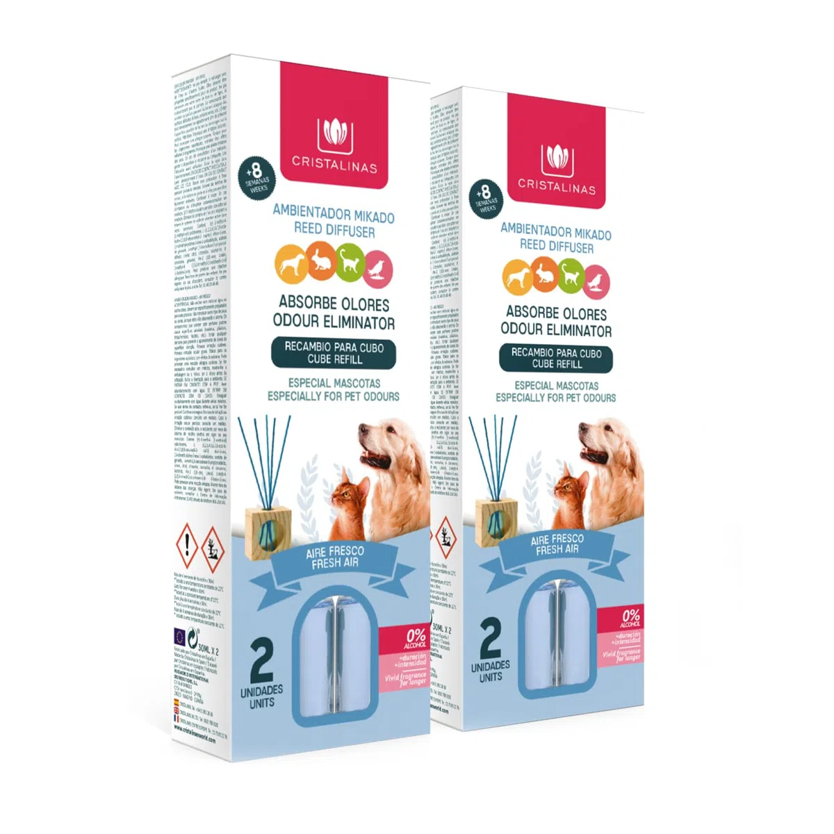 CRISTALINAS. Recambios Ambientador & Absorbe Olor Mikado para Mascotas. 0% Alcohol. Mas de 4+4 semanas de duracion. 2x30 ml. Aroma (Aire Fresco) (Pack Dúo)