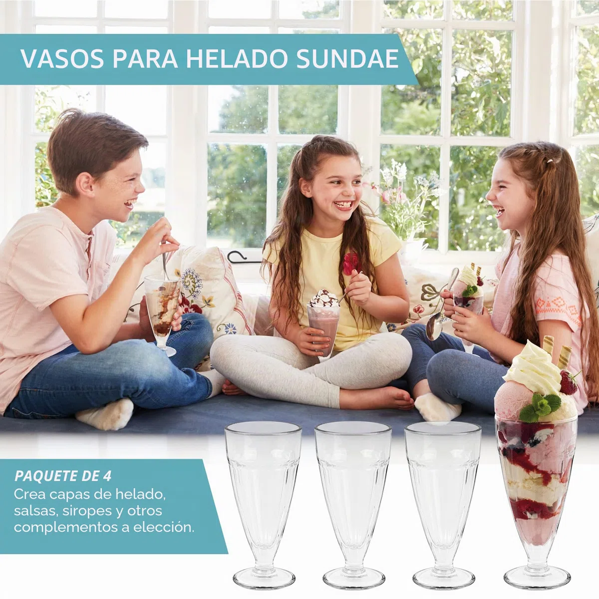HEFTMAN Juego de 4 vasos altos de 350 ml para batidos de helado, vasos retro Knickerbocker Glory, aptos para lavavajillas, vasos transparentes (4 piezas)