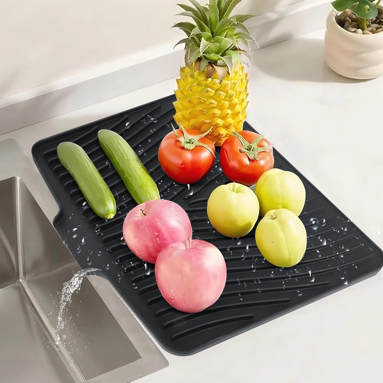 Alfombrilla escurridora de silicona resistente al calor, antideslizante, con orificio de drenaje, escurreplatos silicona (Negro 50 x 43 cm)