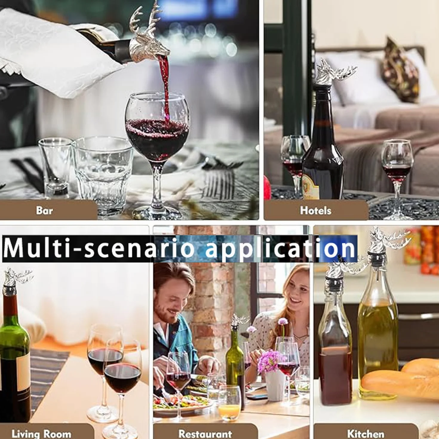 Juego de 2 Vertedores de Alcohol, Vertedor Botellas de Vino Ciervo Metal, Creativo Tapones Decorativos Para Botellas de Vino, Herramientas Del Vino, Pitorro Para Botella de Aceite (Oro y Plata)