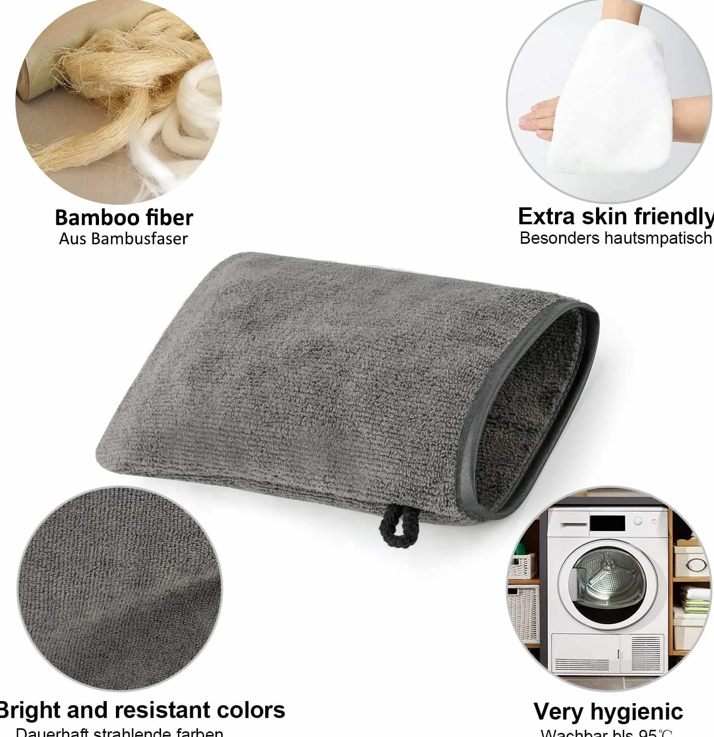 PHOGARY Paquete de 10 Piezas de Manoplas de baño Guantes para lavarse tamaño 15x21 cm con Cordón, Microfibra Premium de Color Gris Antracita y Blanco