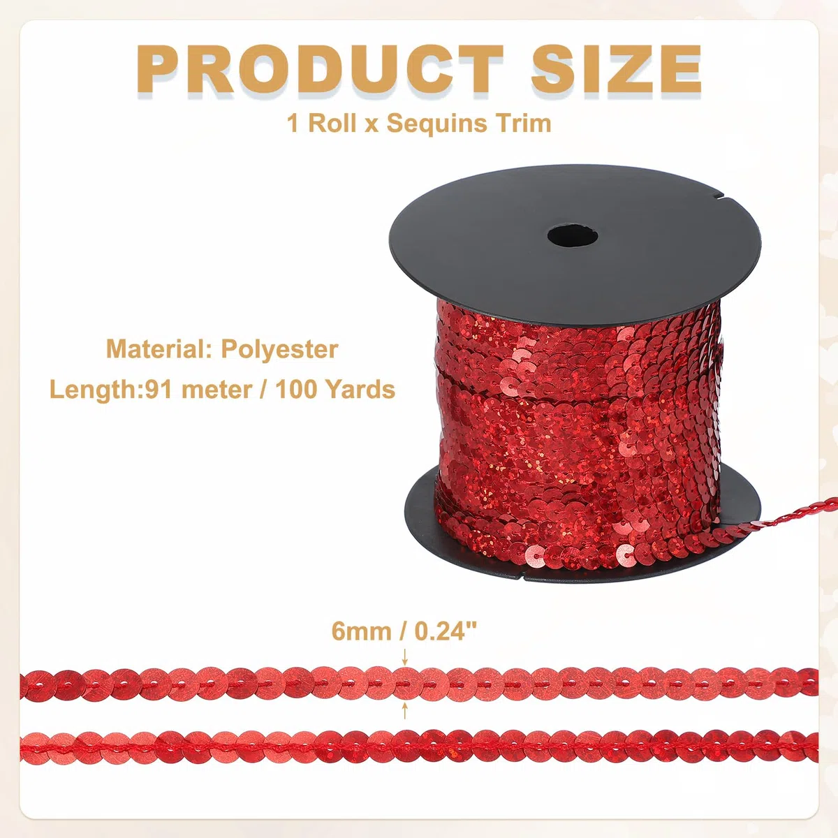 QUARKZMAN Tira De Lentejuelas Planas De 100', Cinta De Lentejuelas De 6 Mm Hilo De Lentejuelas Rollo De Listón De Lentejuelas Planas Para Accesorios De Decoraciones Artesanales, Rojo Laser