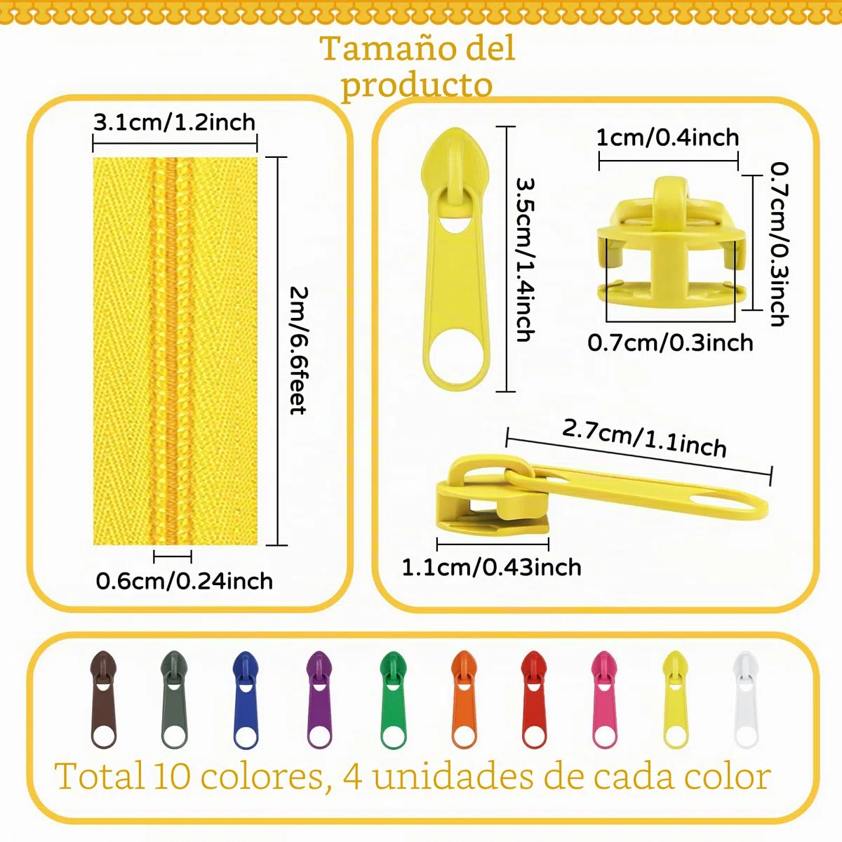 22 yardas/ 20 m 10 piezas de colores surtidos #5 Cremalleras de bobina de nailon, cremalleras de costura con cierres sin fin con 40 piezas de deslizadores de cremallera y cabezas de cremallera