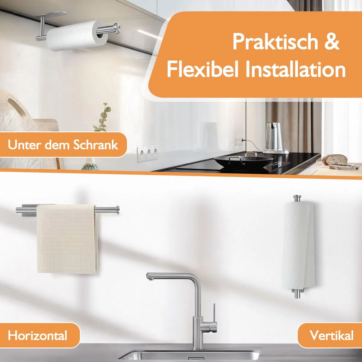 Portarrollos Papel Cocina Sin Taladrar, Dispensador con Frenos y Autoadhesivo - Soporte Acero Inoxidable para Pared o Bajo Mueble (Plateado)