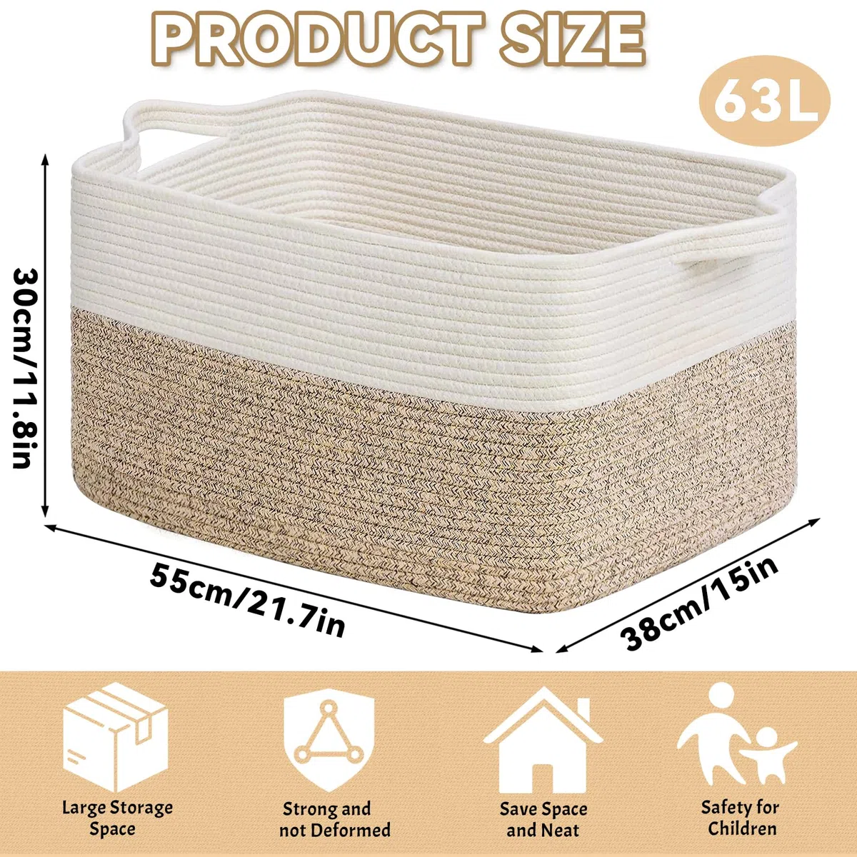 Cesto Ropa Sucia Trenzado de Algodón, 63L Cesto Colada con Asa, D55 x H30 CM Plegable Cestas de Lavandería, Cesta de Almacenamiento Grande, para Lavadero Habitación Infantil Salon Bañ