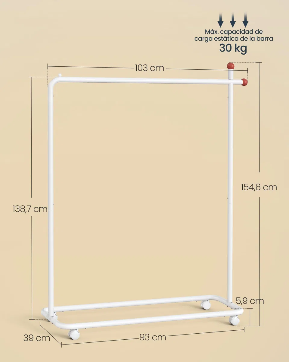SONGMICS HOME Perchero, Perchero Metálico con Ruedas, 1 Barra para Colgar, Ganchos para Cerillas, Blanco Mate HSR170W01