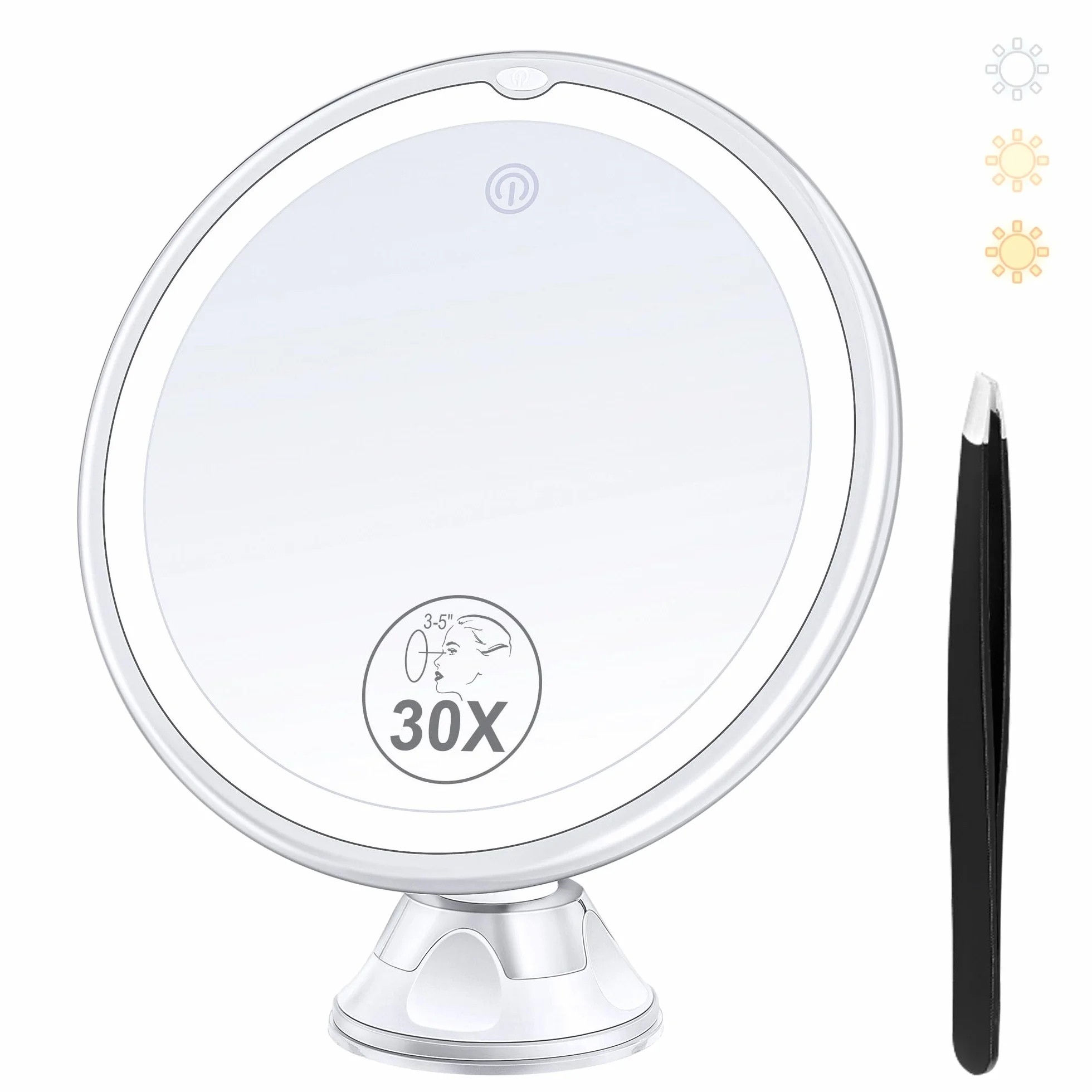 MIYADIVA Espejo de Aumento con Luz 30X, Espejo de Maquillaje de Aumento 30X para Maquillaje de Precisión, 3 Modos de Colores y Brillo Ajustable, Espejo para Baño 8 Pulgadas