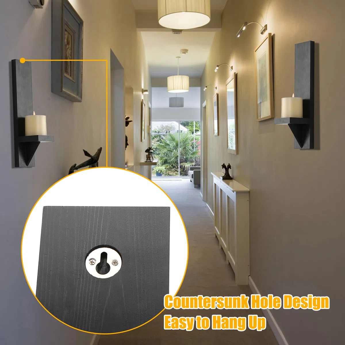BSTKEY Juego de 2 candelabros de pared de madera, portavelas decorativo, soporte para velas montado en la pared, candelabro votivo negro