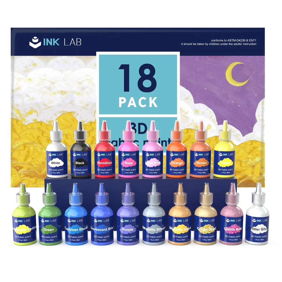 INK LAB Pintura Textil 3D Permanente 18 Colores Pintura para Tela con Cepillo No Tóxico para Ropa Lienzo Vidrio Cerámica Madera Niños Adultos,30ml/Botella