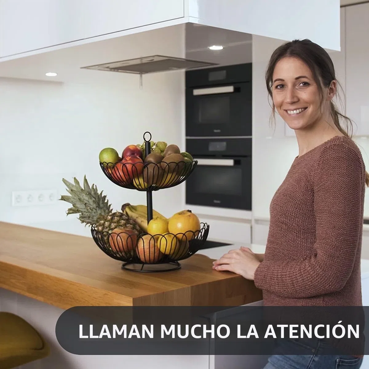 Chefarone Frutero de 2 Pisos – Cesta de Frutas Metálica Negra Estilo Vintage para Encimera y Mesa – Organizador de Cocina para Frutas, Verduras, Pan y Postres