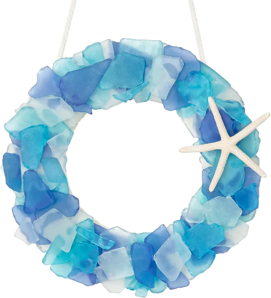 Corona de cristal de mar – Corona de playa hecha a mano de 21,5 cm, estilo costero, coronas de decoración navideña para decoración del hogar, puerta, ventana, armario de cocina, silla y pared