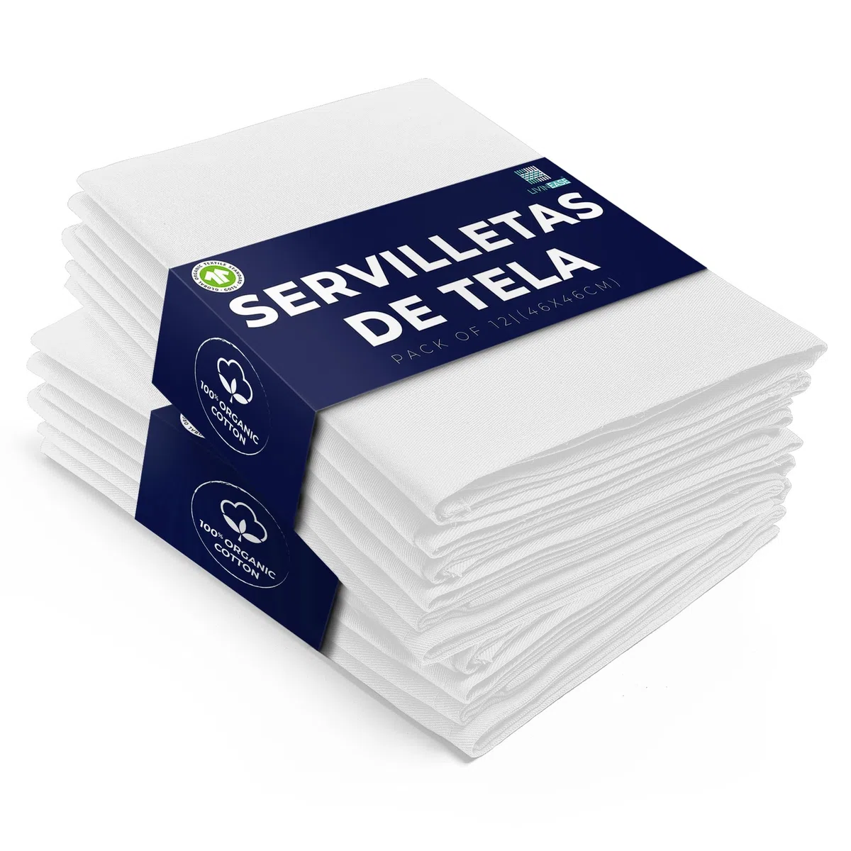 LivinEase Servilletas de Tela de Algodón - Paquete de 12 Servilletas de Mesa Blancas - Servilletas de Tela Grandes Reutilizables 100% Algodón 46 x 46 cm para Todas Las Ocasiones