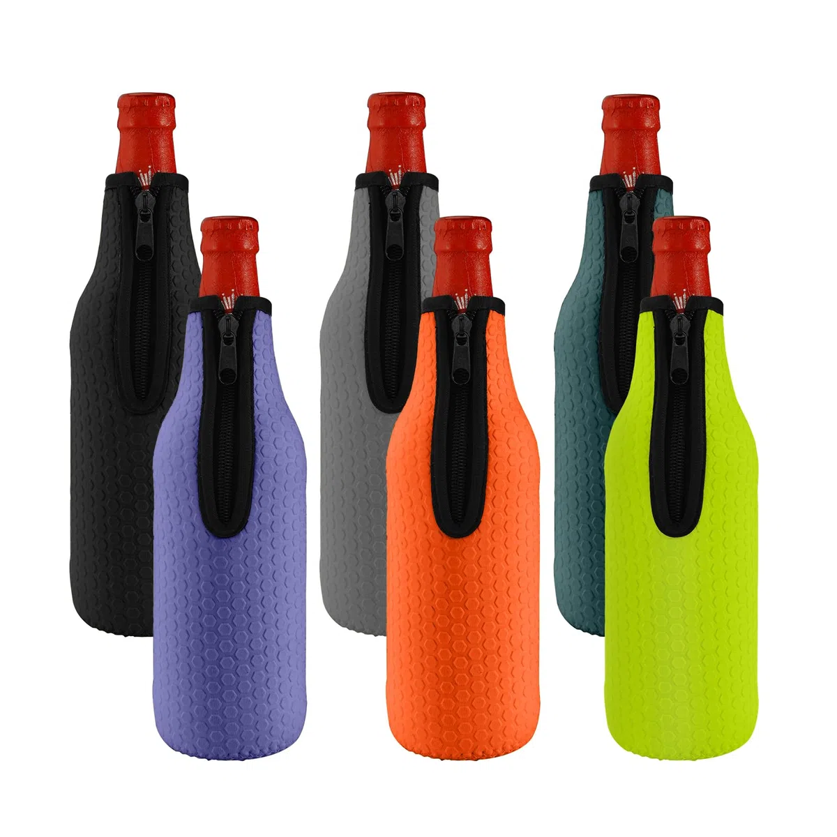 KENOBE 6 enfriadores de botellas de cerveza de 16 oz, aislados, reutilizables, antideslizantes, de neopreno, mangas con cremallera, fundas para botellas de cerveza (500-530 ml), 6 unidades de