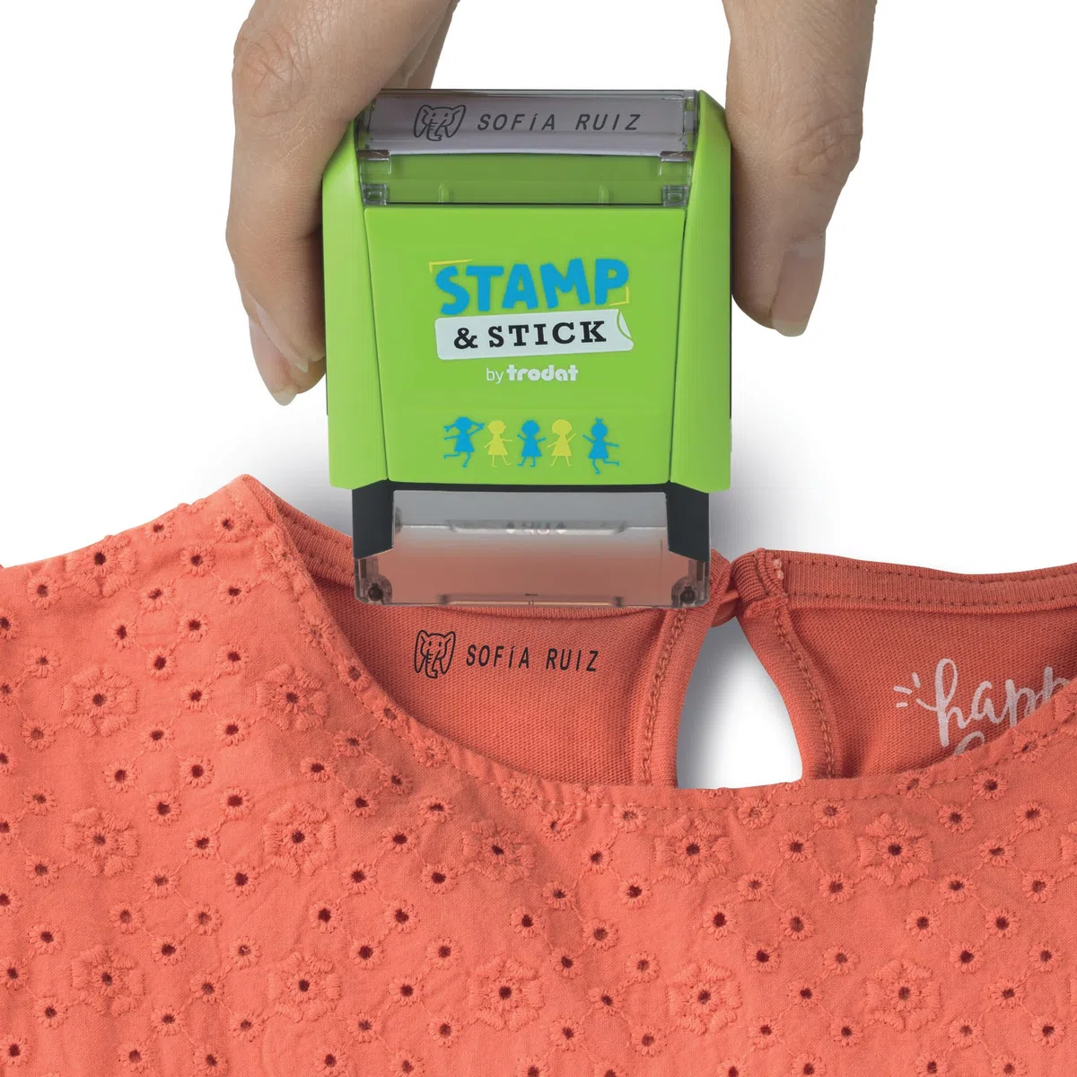 Trodat Stamp & Stick Sello Ropa Niños Personalizado – Marcador Textil y Objetos Personales