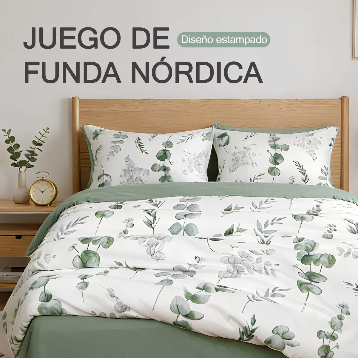 Etrexonline Juego de Funda Nórdica 3 Piezas para Cama 90 - Funda Edredón 150x220 cm, Sábana Bajera 90x200+30 cm, Funda de Almohada 50x90 cm - Microfibra Suave y Transpirable - Eucalipto