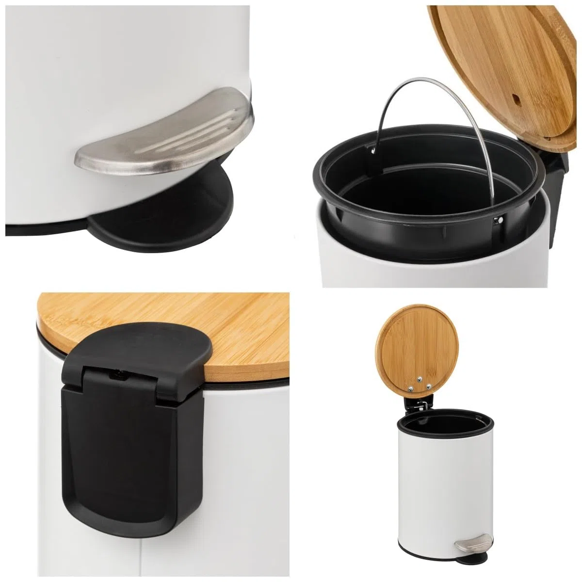 DAMDAM GO Papelera de Baño con Tapa de Bambú 3L – Cubo de Basura con Pedal y Cierre Suave Silencioso, Diseño Elegante Antihuella para Baño, Cocina u Oficina (Blanco)