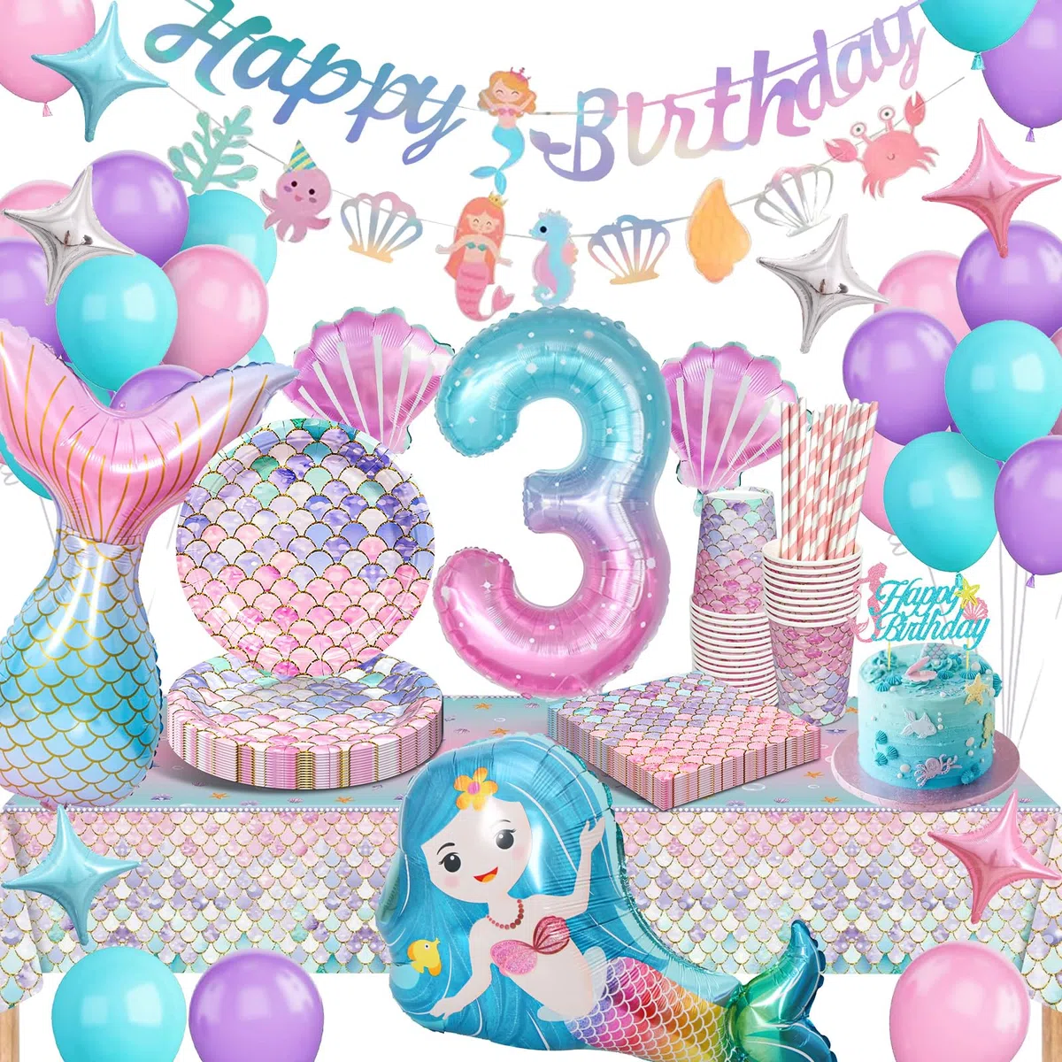 Sirena Vajilla y Decoraciones para Fiesta de Cumpleaños - 3 Años - Juego de Vajilla, Globos Decorativos para Niña - 16 Invitados