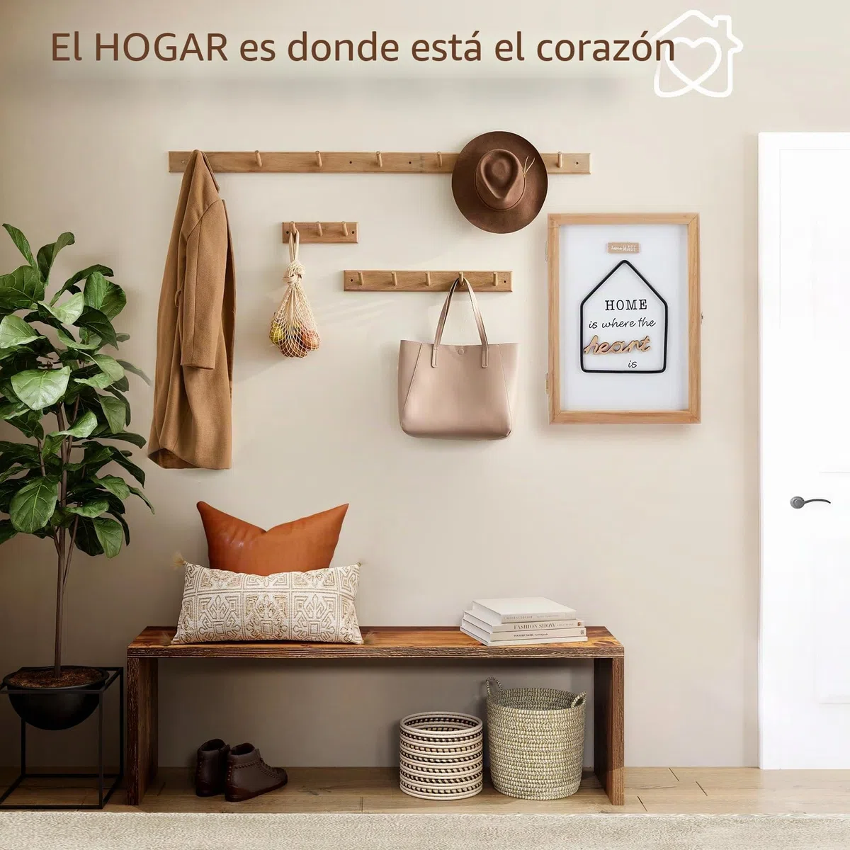 Caja Llavero de Pared Tipo Armario de Madera para Llaves con 6 Ganchos Estilo Nórdico - 27x20x6.5cm