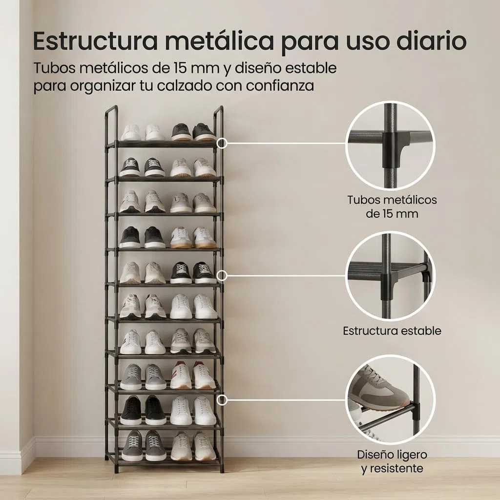 Pincho Zapatero Estrecho, Organizador Zapatos, Shoe Rank, Zapatero Plastico, Zapatero Vertical, Estanteria Zapatos con 10 Baldas, Estanteria de Pie, Shoe Organizer, Organizador Armario - Negro