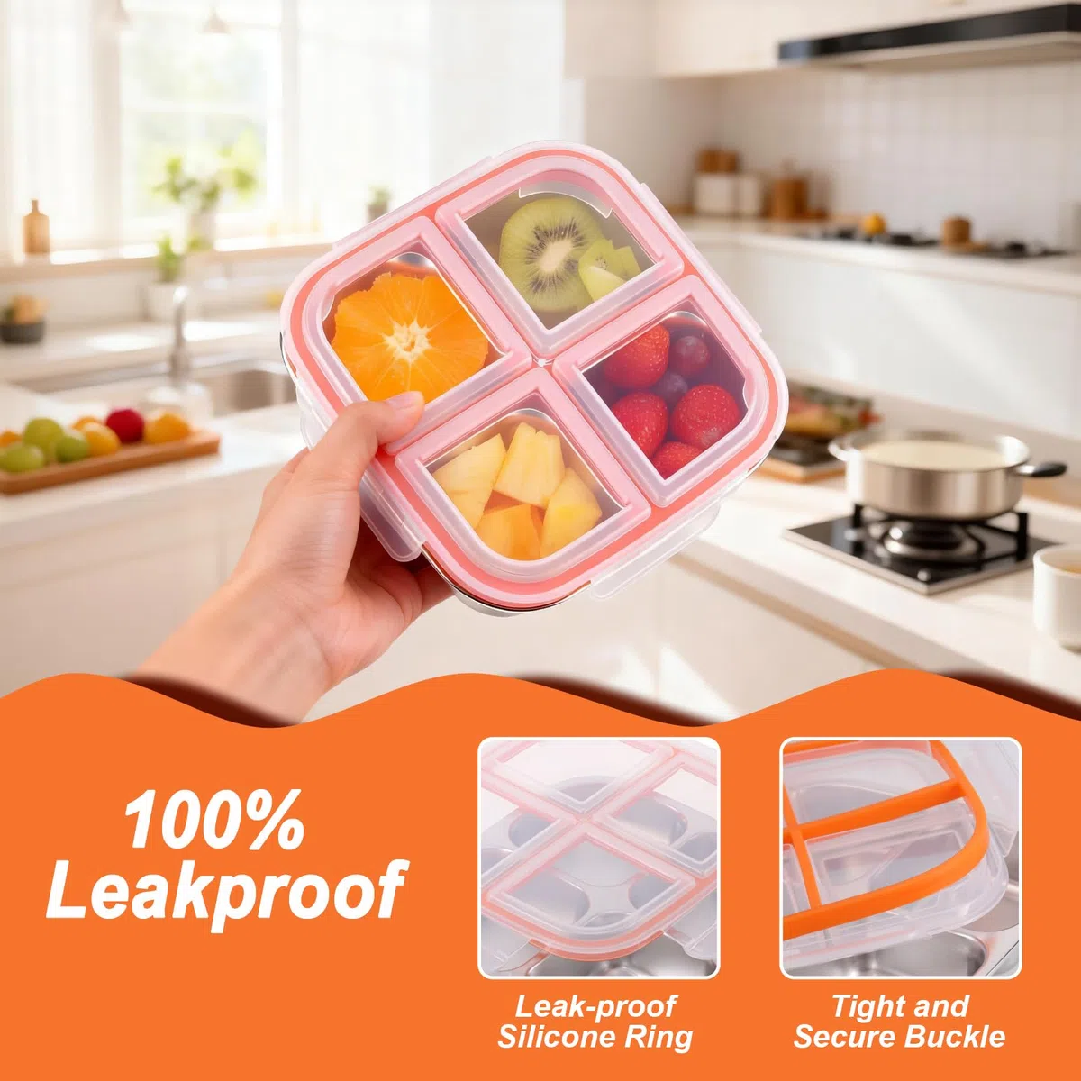 2uds Snack Box Con 4 Compartimentos, Fiambrera Acero Inoxidable Para Adultos, Recipientes Herméticos Para Alimentos, Tapers Para Comida Hermetico Con Tapa (600ML)