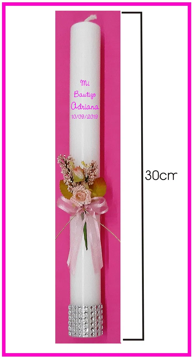 Vela/Cirio para bautizo de cera blanca decorada pick floral rosita y cinta y lazo de organza y remate de brillantitos plateados en su base medida 3x30cm