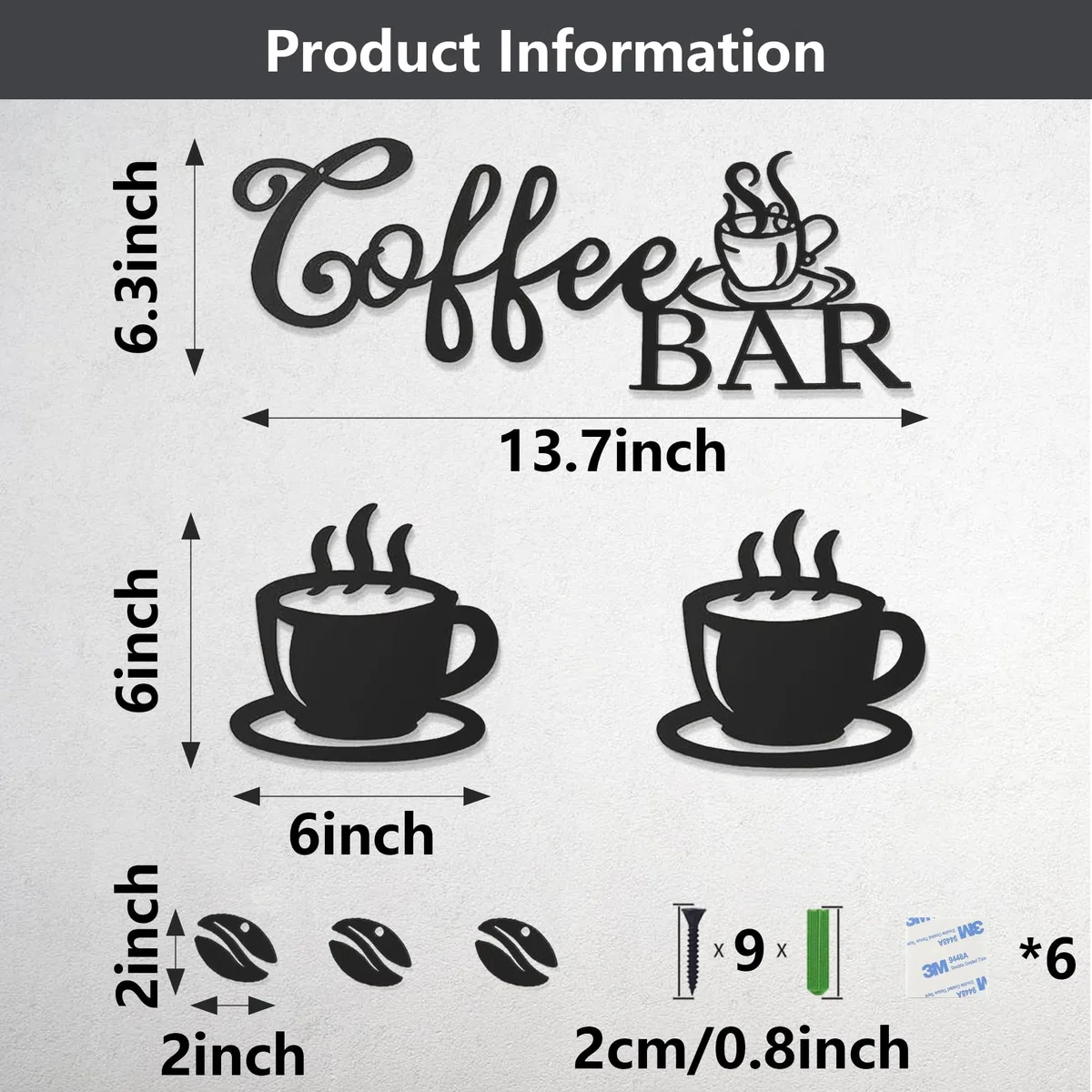 Yaoyaocc Taza de Café Decoración de Pared en Metal Negro | Temática de Café, Silueta Colgante, Para Cafetería, Hogar, Bar, Restaurante, Cocina