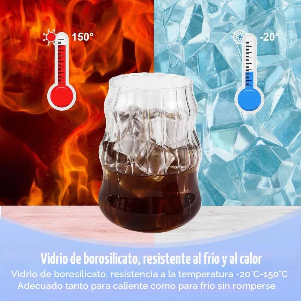 Kleemeiero 4 PCS Vasos de Vidrio para Café 530ML Vasos de Cristal con Forma de Ondulada, Tazas para Batidos, Vasos de Cóctel, Cerveza, Whisky, Latte, Macchiato, Hacer Bebidas y Fiesta Verano