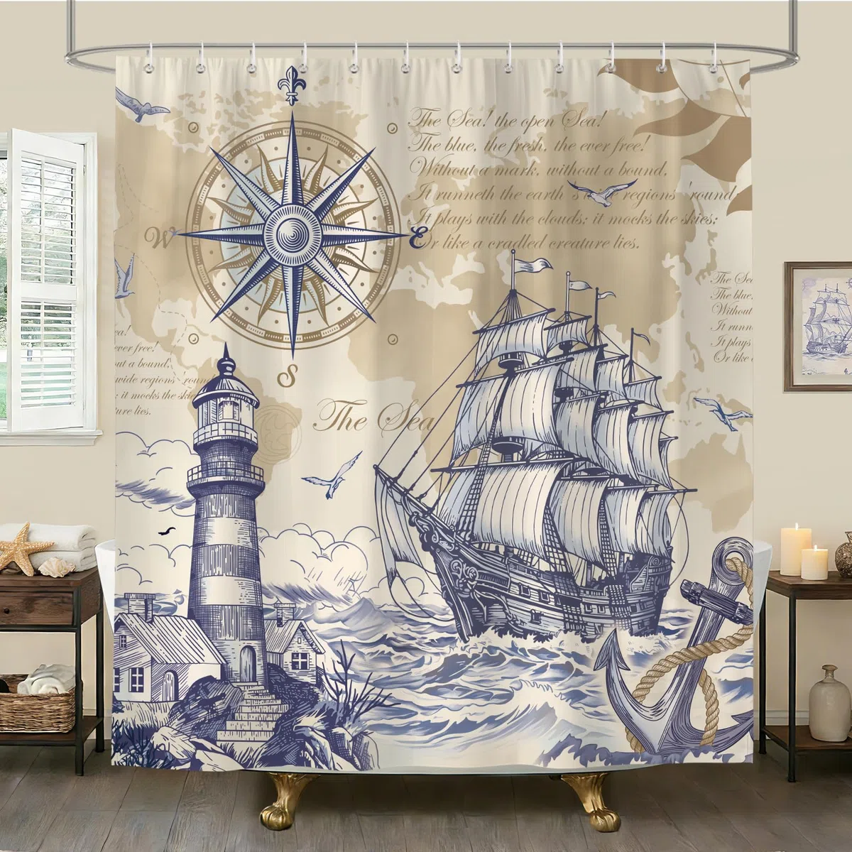 Retro Náutico Cortina de Ducha 180x200 cm Velero Faro Ancla Brújula Gaviota Costa Olas Impermeable Poliéster Azul Cortina Bañera con 12 Ganchos Lavable a Máquina para Baño Bañera