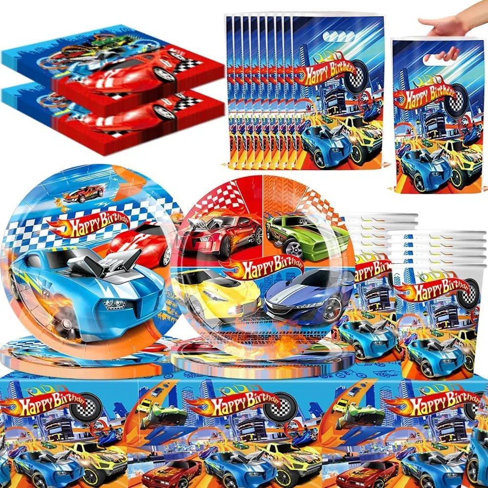 Vajilla Cumpleaños Coche de Carrera, Decoración de Coche de Carreras, Autos Vajilla Infantil Incluir Mantel, Platos de 7'', Platos de 9'', Vasos, Vasos, Servilletas - 10 Personas