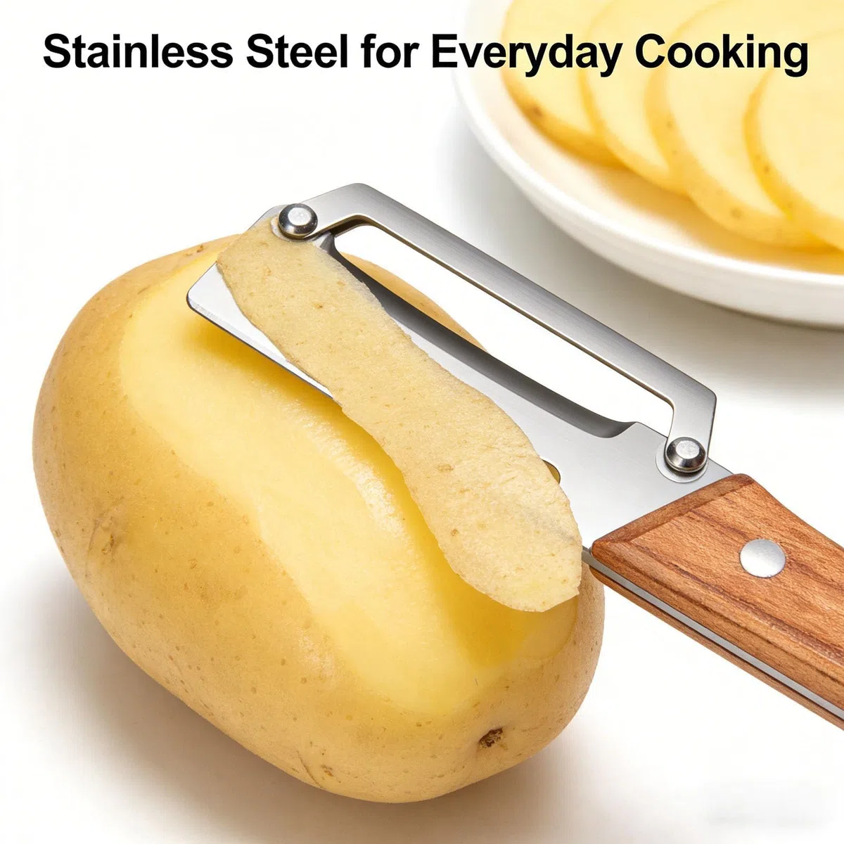 Pelador Multifuncional 3 en 1 con Mango ergonómico de Madera, pelador de Patatas y Frutas de Acero Inoxidable con función de Cortador para Embutidos y Verduras (Pack de 2 Unidades)