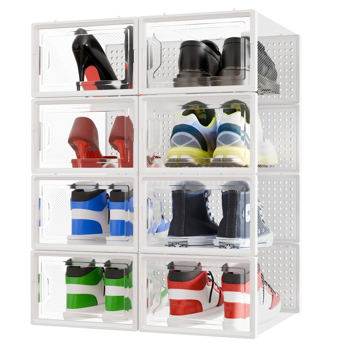 Cajas de Zapatos Transparentes Apilables – Pack 8 - Zapatero Plástico con Apertura Frontal, Ventilación y Sistema Antivuelco – Organizador de Zapatos de Fácil Montaje