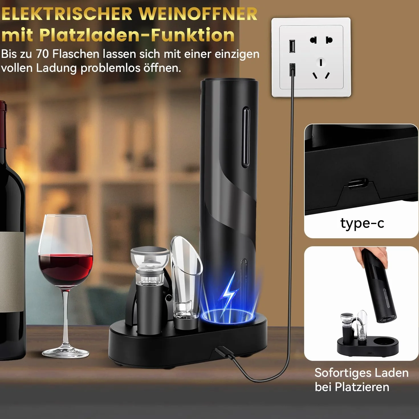 Hotec Sacacorchos eléctrico, abrebotellas automático, idea de regalo, cortador de cápsulas, cable USB, vertedor, tapón de vacío