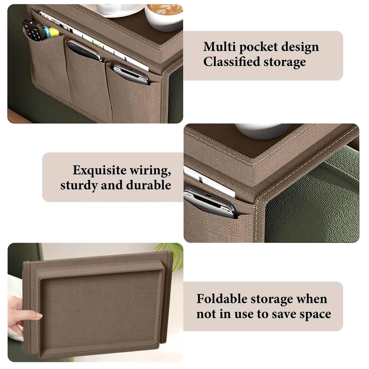 Colexy Organizador de Reposabrazos de Sofá con Bandeja, Soporte para Mando a Distancia de TV Bolsa de Almacenamiento del Sofá, Bolsa para Sofá para la Libros, Merienda, Gafas, Revistas (Café)