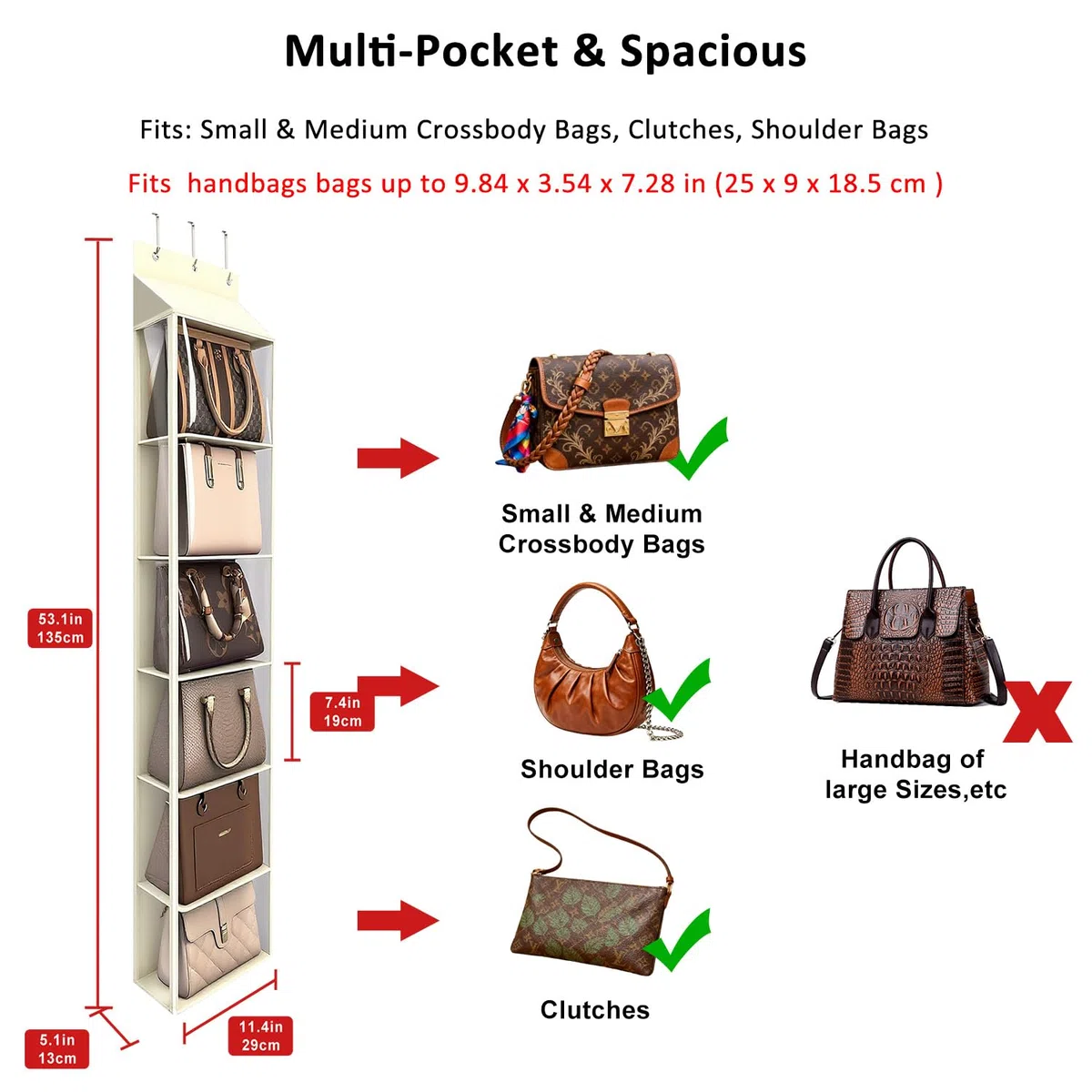 Lirex Organizador de Bolsos para Colgar en la Puerta, Organizador de Carteras con 6 Bolsillos y Cremallera, para Bufandas, Sombreros y Leggins, 30 x 12.8 x 131 cm, Blanco Crema
