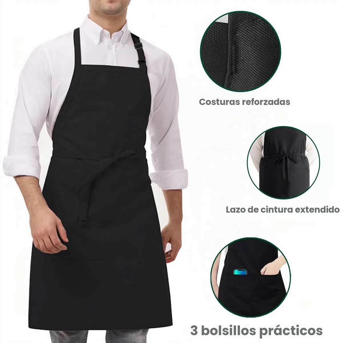 Paquete de 3 Negro Delantales, Ajustables Cocina Delantal con 3 Bolsillos para Hombres y Mujeres, Profesional Trabajo Delantal para Camarero Chef Barbero Restaurante Café Bare (Polialgodón)