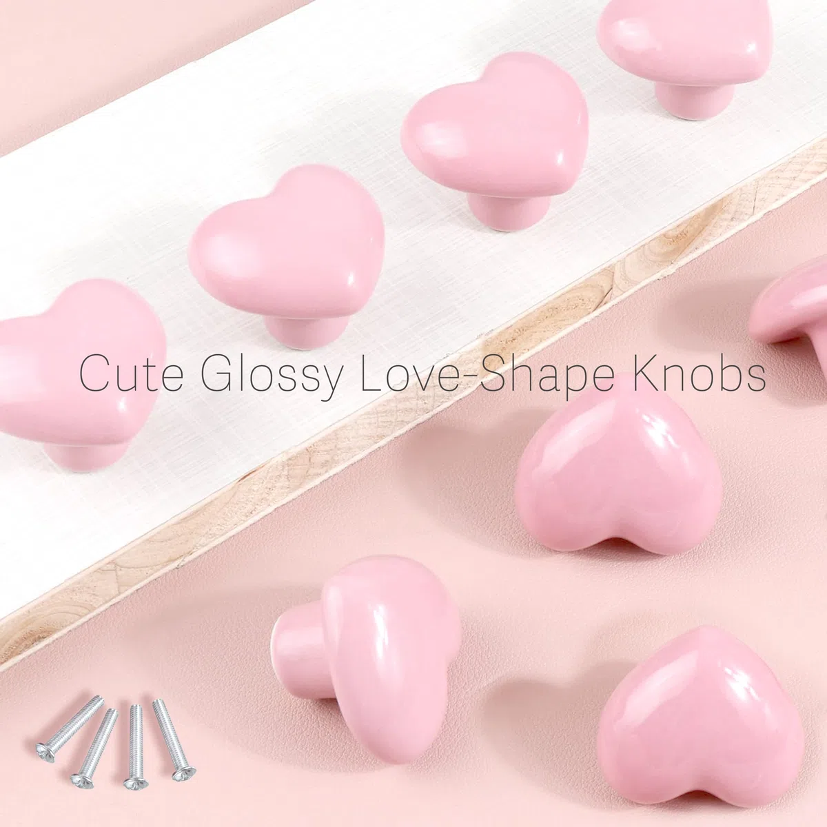 Pack de 10 Pomos para Muebles de Cerámica en Forma de Corazón Rosa - Tiradores con Tornillos Incluidos para Cocina, Armarios, Gabinetes y Más‌