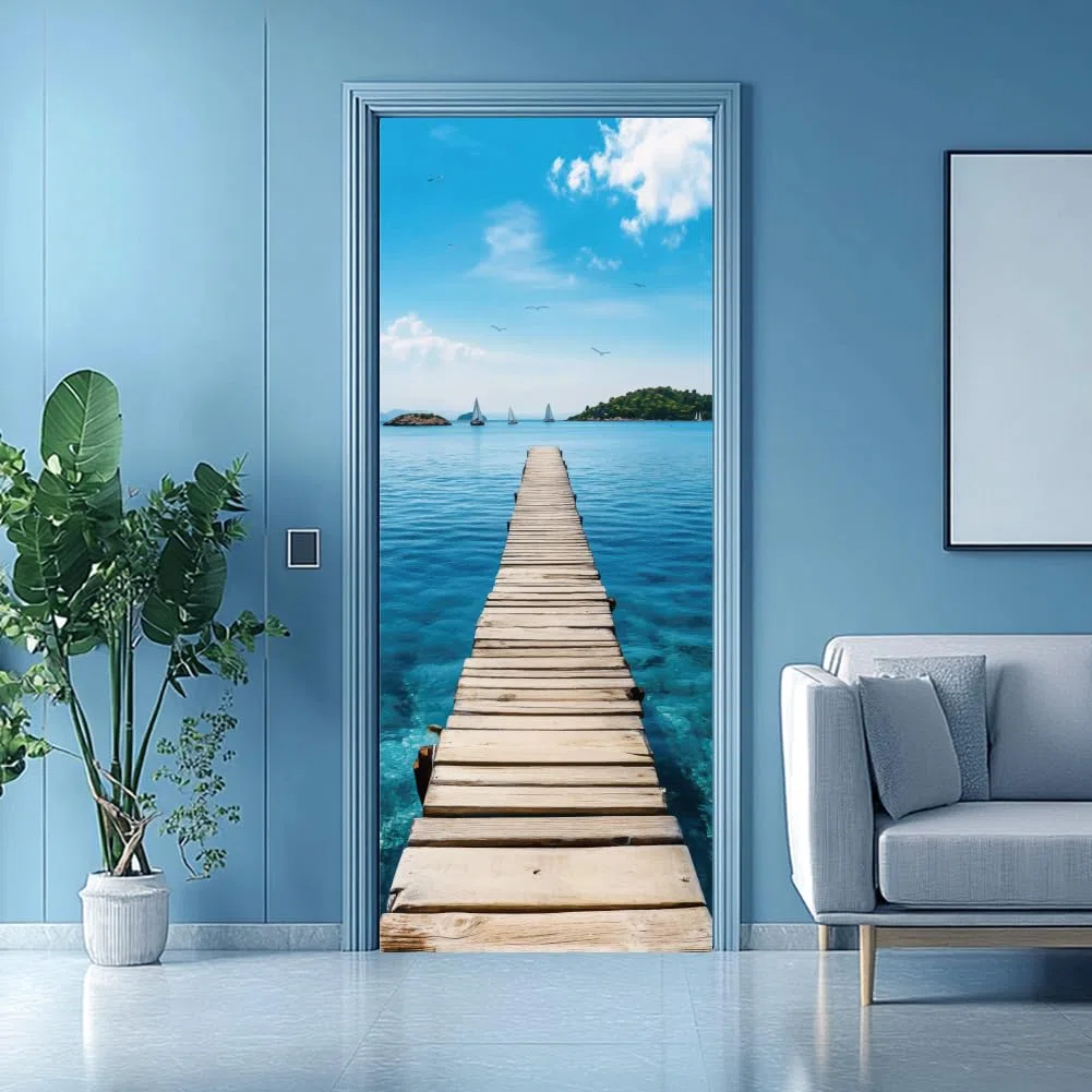 arricraft 2 calcomanías autoadhesivas para puerta, 31.5 x 78.7 pulgadas, murales de puerta con temática costera con diseño de velero, gaviotas, puente de PVC, decoración extraíble para dormitorio