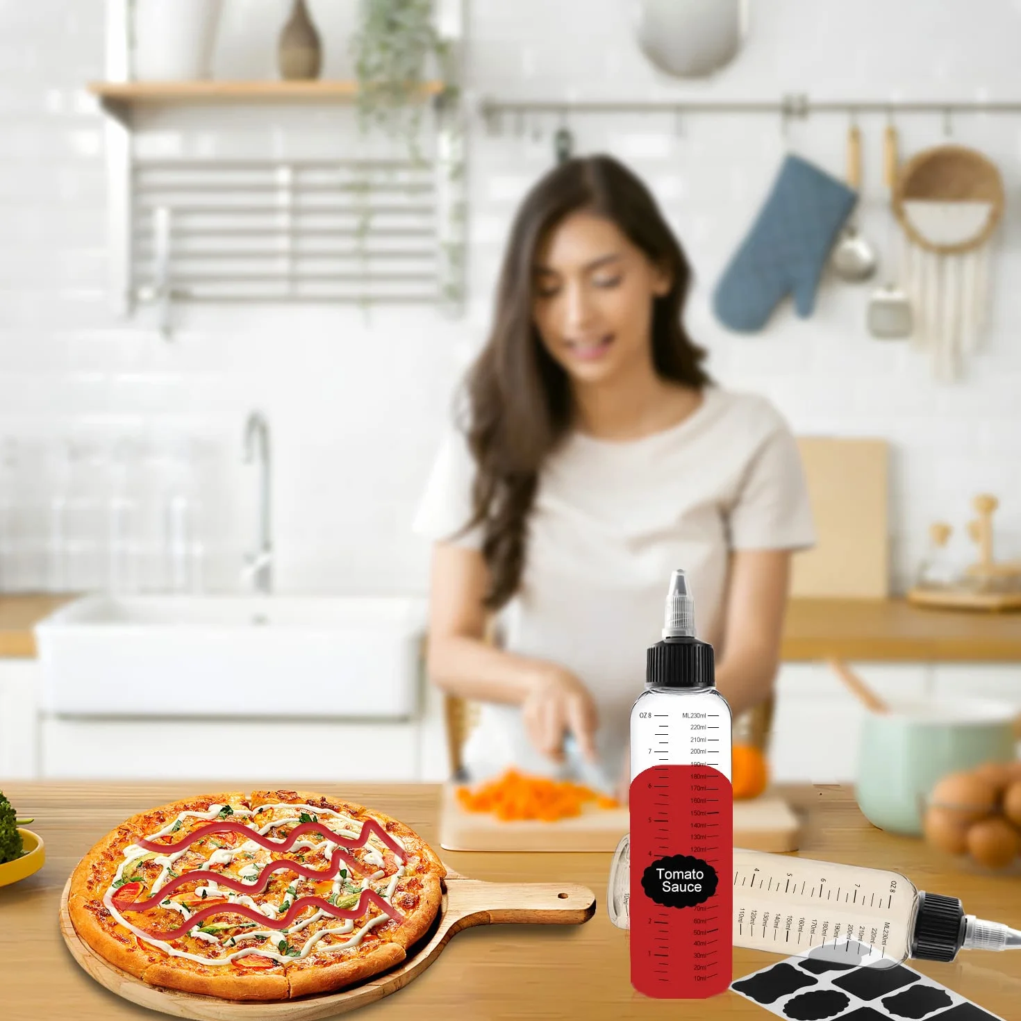 Botellas De Distribución De 250 Ml 5 Piezas Con Tapón De Torsión Negro Squeeze Bottle Boquilla Con Escala Con 1 pegatina, Buenas Para Líquidos, Los Citos, Los Aceites