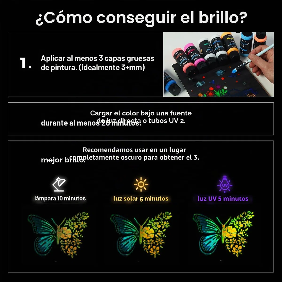 ARTFLY Glow in The Dark el juego de pintura brillante, contiene 12 colores de 60ml/2oz, con pigmentos ricos, perfecta para pintura de arte, proyectos de DIY y decolarciones festivales